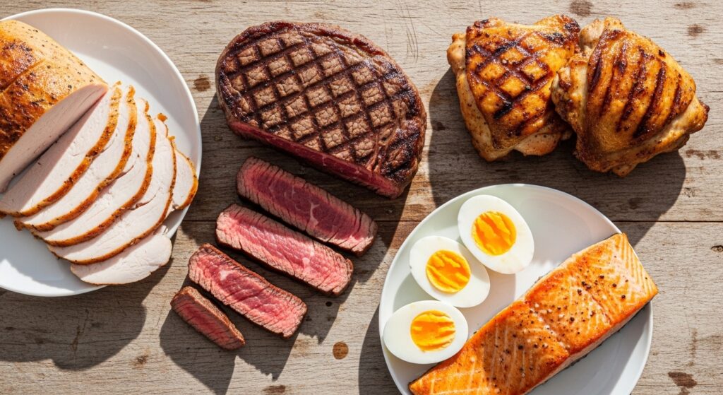 Keto-friendly proteins including grass-fed beef, chicken thighs, eggs, turkey, and salmon on a wooden table