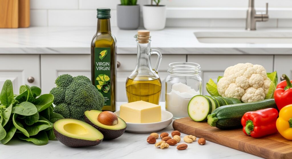 Low-carb vegetables for keto diet including spinach, broccoli, zucchini, and bell peppers.