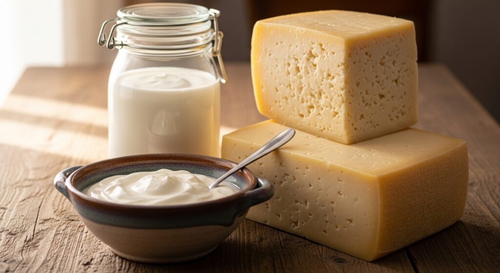 Full-fat dairy foods for keto diet including cheese, Greek yogurt, and cream.