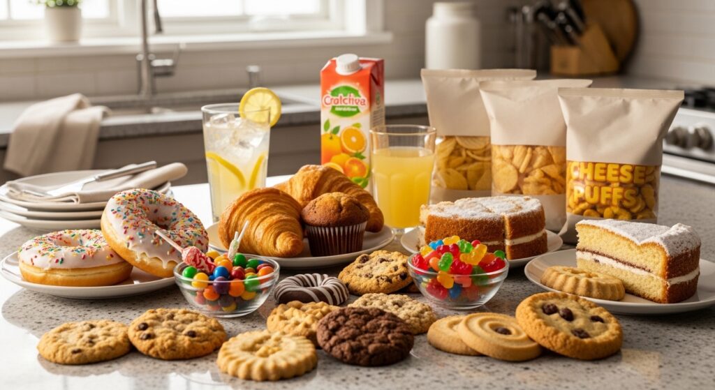 Sugary and ultra-processed foods that can disrupt ketosis on a keto diet plan.