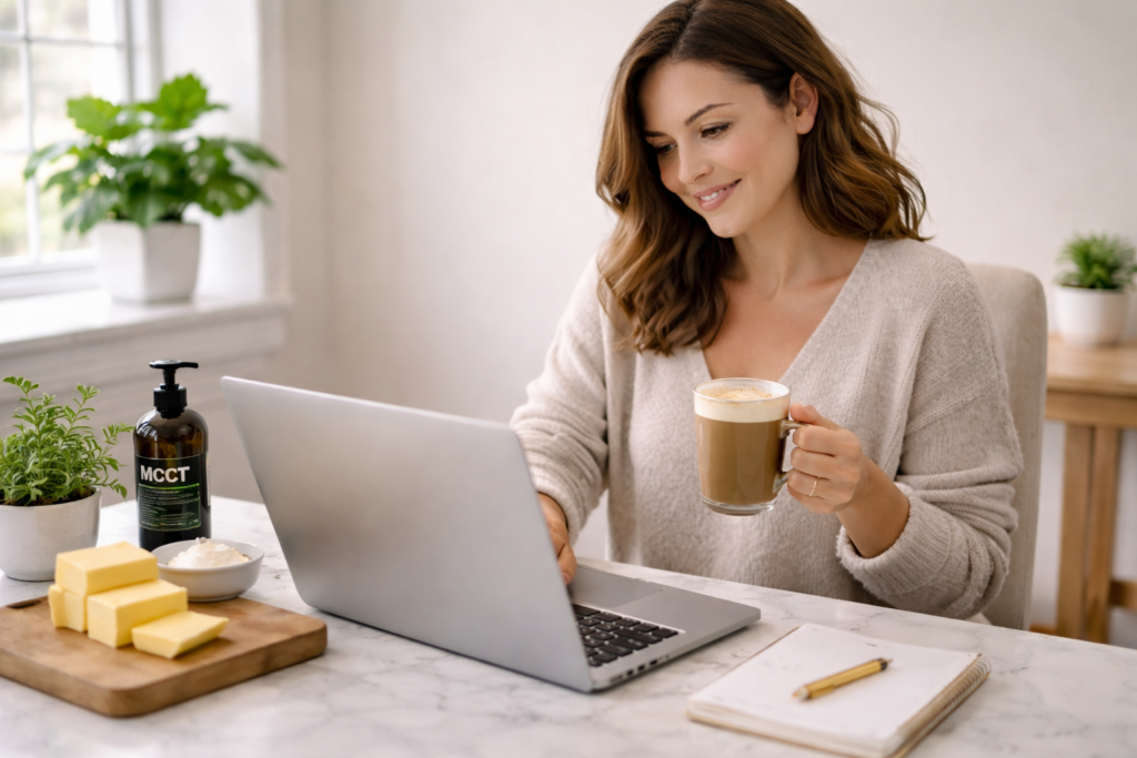 woman drinking bulletproof coffee keto drink made with butter and MCT oil