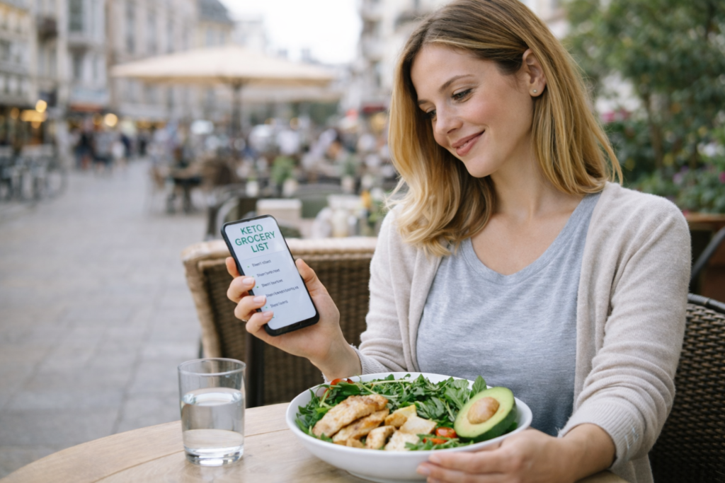 woman planning keto grocery list on phone while eating healthy low carb meal