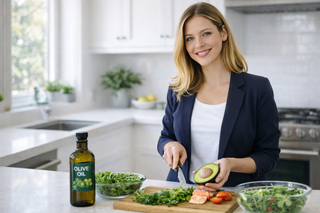 woman preparing keto meal with avocado olive oil and healthy fats