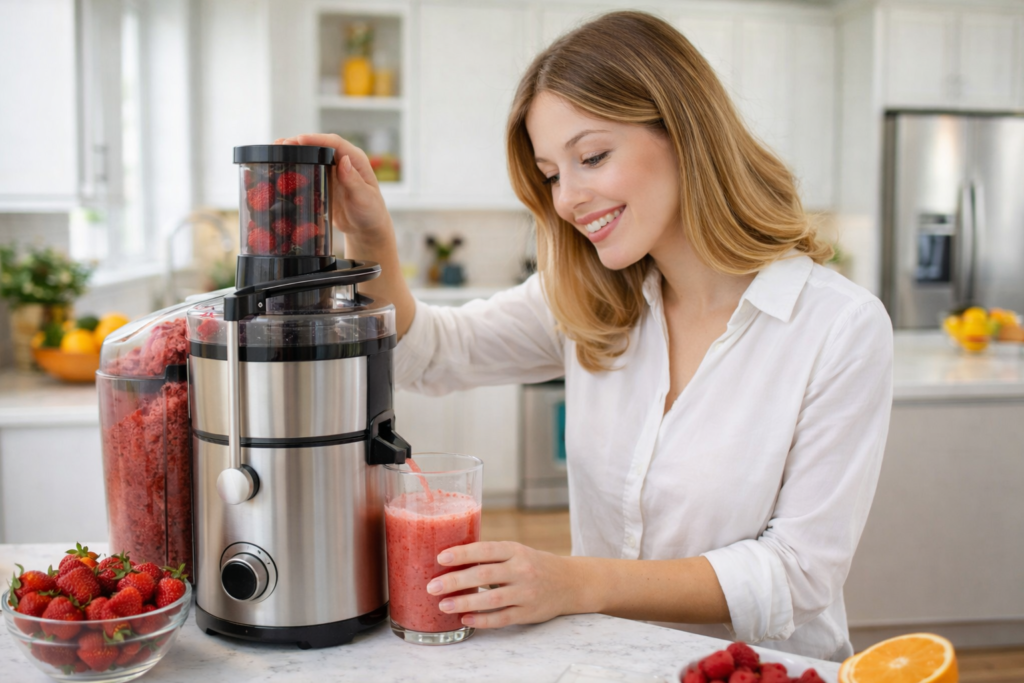 woman making smoothie with keto friendly berries in kitchen