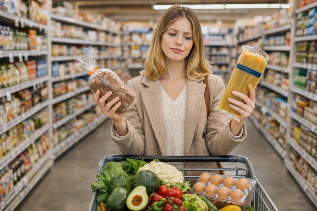 woman comparing high carb foods with keto friendly groceries in supermarket