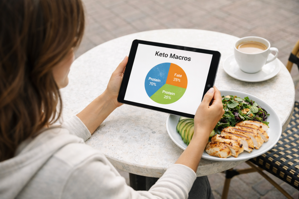 woman learning keto macros showing fat protein and carb ratio for ketogenic diet