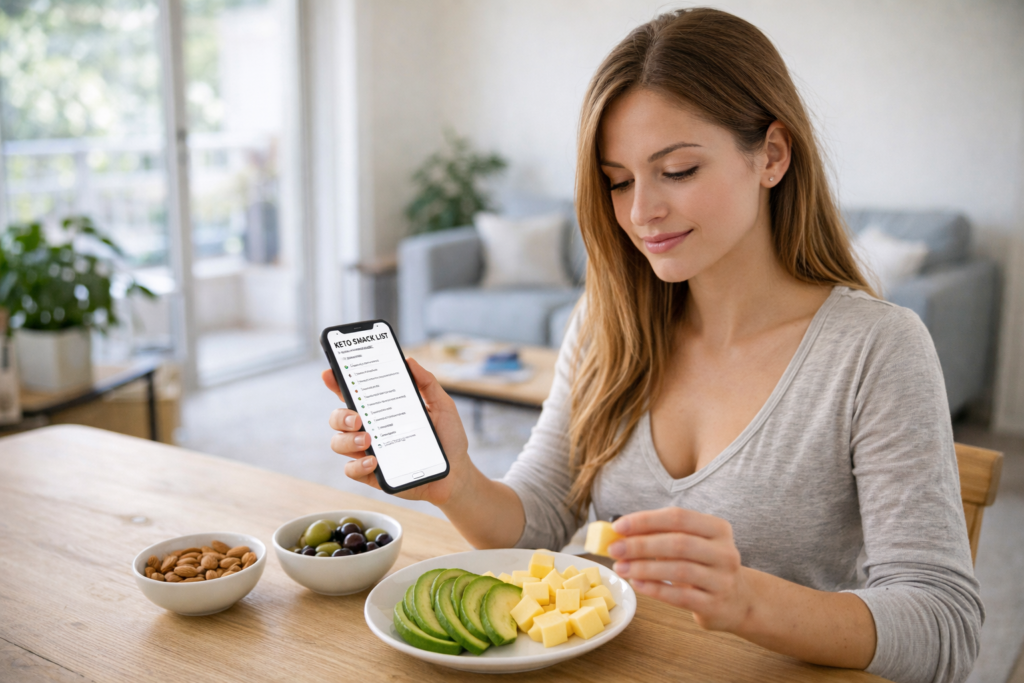 woman checking keto snack ideas while eating avocado and cheese