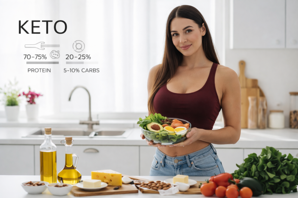 Brunette woman in a modern kitchen holding a bowl of keto salad with salmon, avocado, and boiled eggs, surrounded by olive oil, cheese, nuts, and fresh vegetables on the counter.