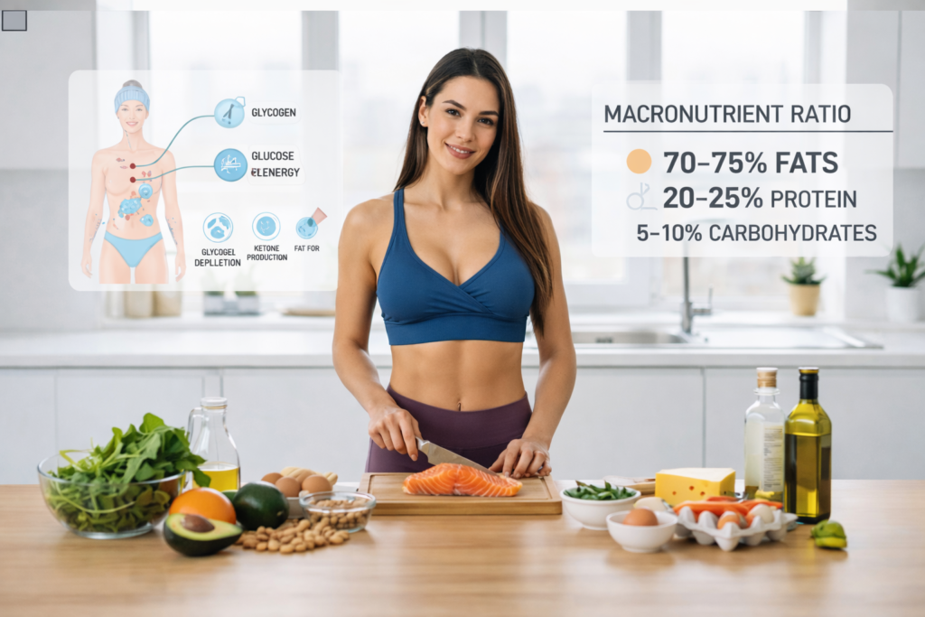 Athletic brunette woman in a modern kitchen slicing salmon on a wooden board, surrounded by keto foods like avocado, eggs, olive oil, cheese, nuts, and leafy greens.