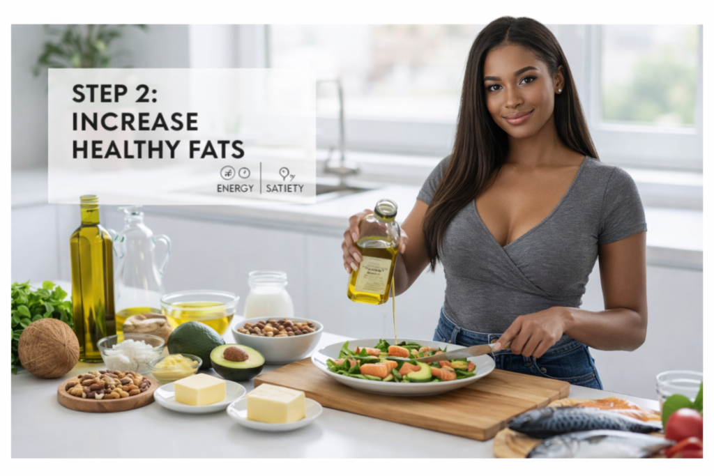 African American woman in a modern kitchen pouring olive oil over a salmon and avocado salad, surrounded by healthy fats like nuts, butter, coconut, and olive oil,