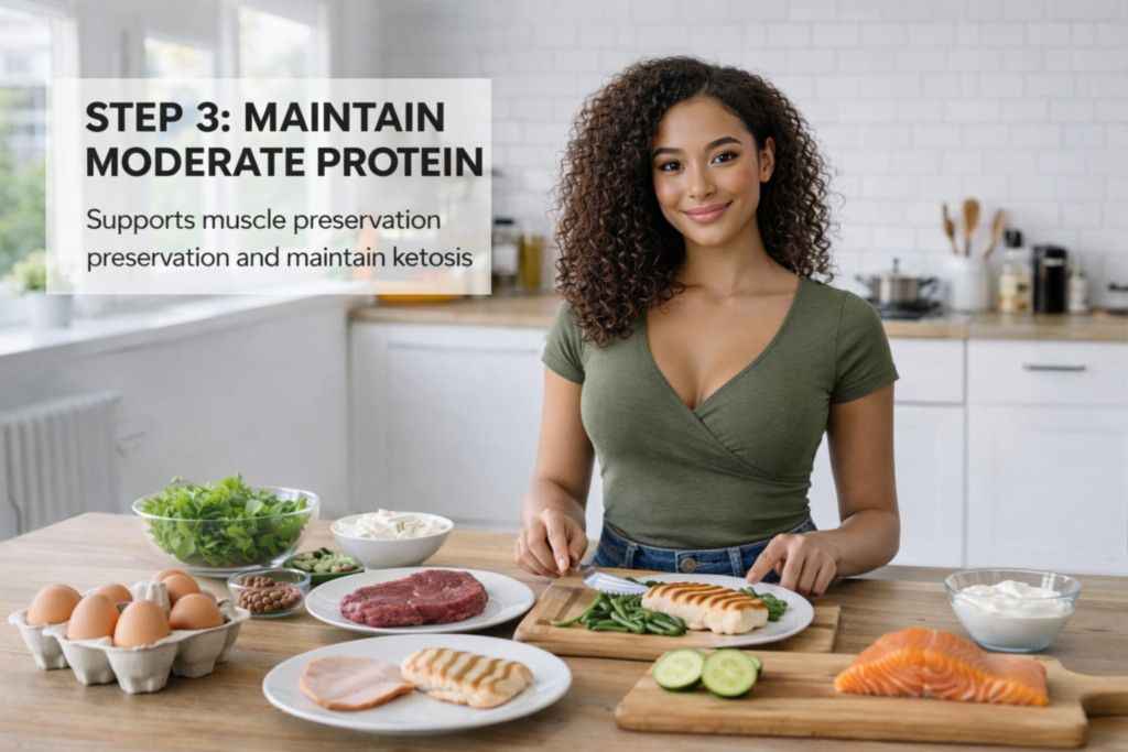 Multiracial African and East Asian woman in a modern kitchen slicing grilled chicken on a cutting board, surrounded by protein-rich foods like eggs, steak, salmon, yogurt, and vegetables
