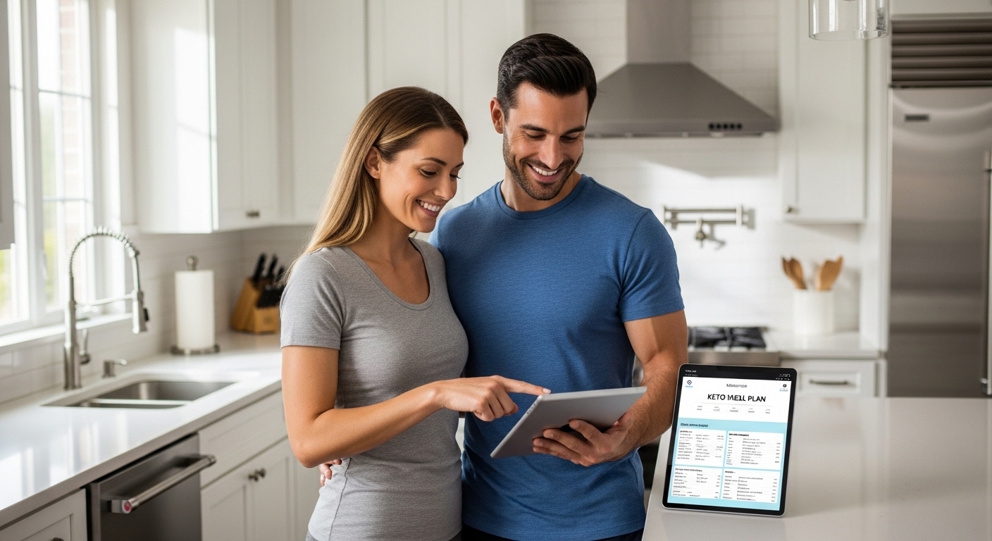 couple checking keto weight loss progress in kitchen after 30 days