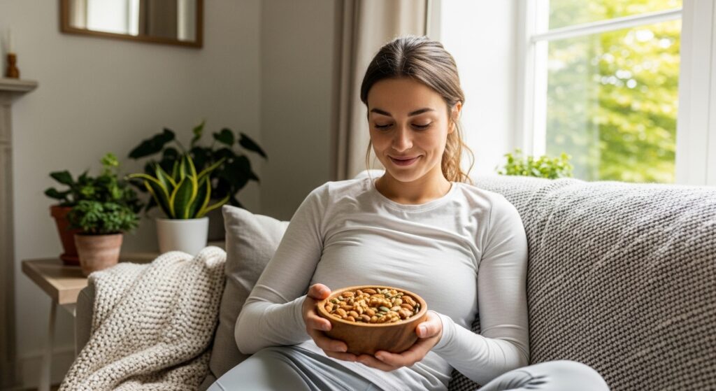 woman holding bowl of nuts and seeds as keto snack