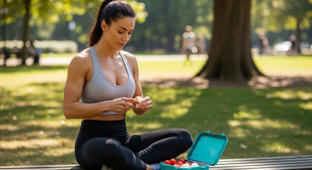 woman eating boiled egg as keto snack outdoors