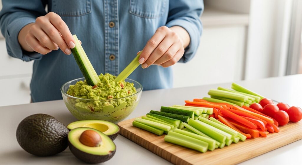 woman eating cucumber and celery with guacamole keto snack