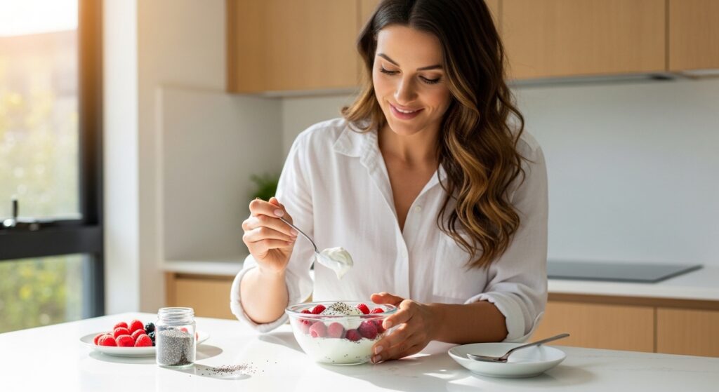 woman preparing Greek yogurt with berries keto snack