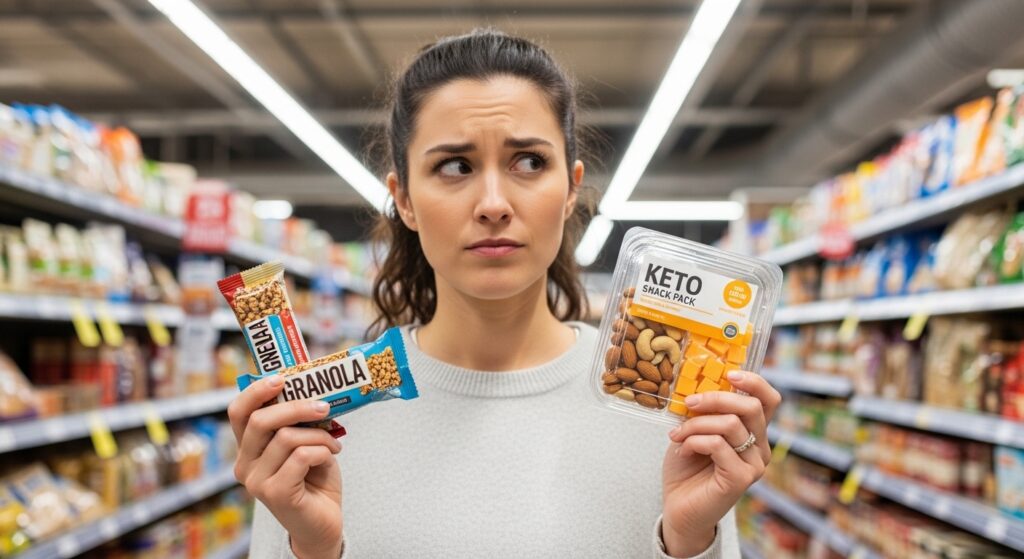 woman comparing high carb snack with keto snack in supermarket