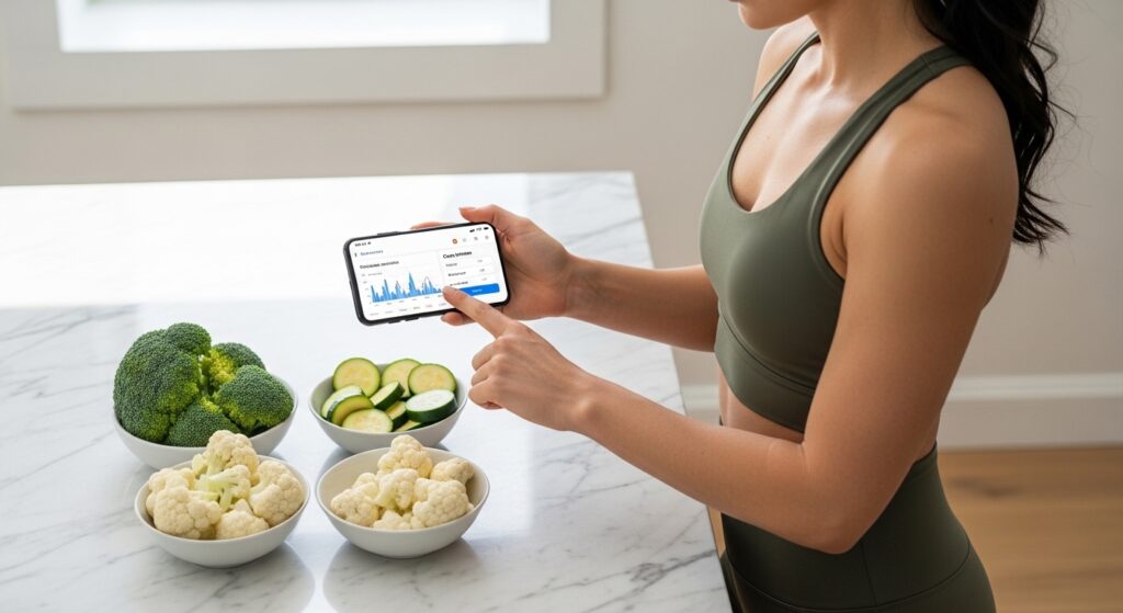 woman checking daily carb intake while preparing keto vegetables