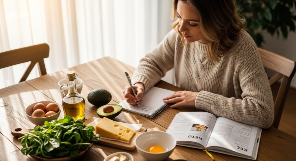 woman planning low carb keto meals at dining table