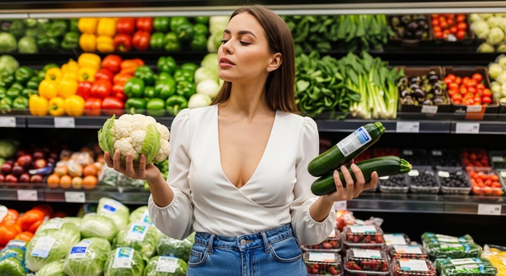 woman reading nutrition labels on keto friendly vegetables in grocery store