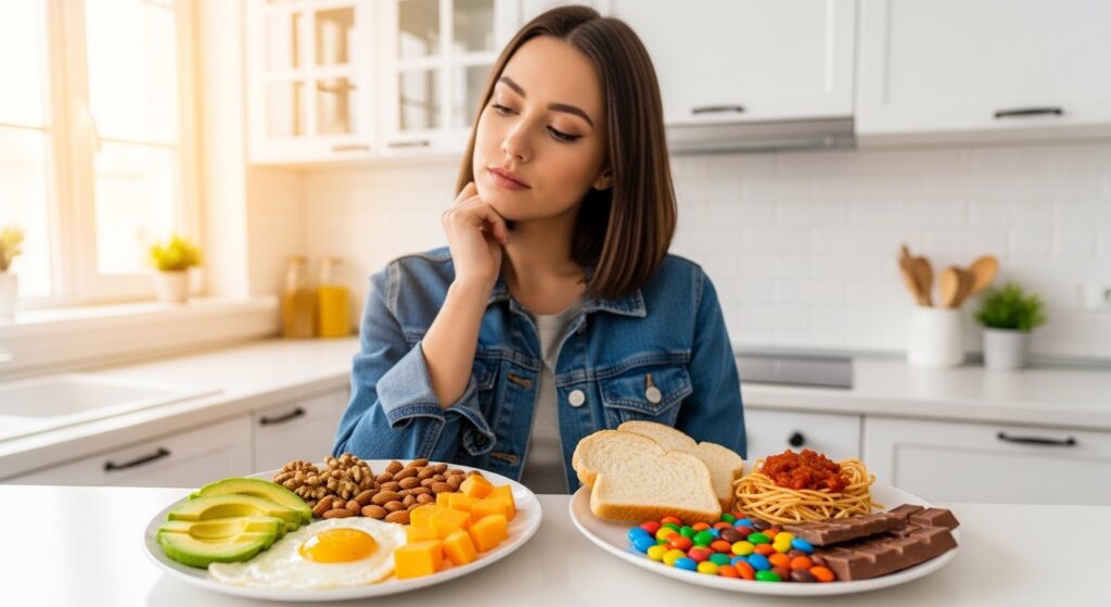 woman comparing keto foods with high carb foods in kitchen