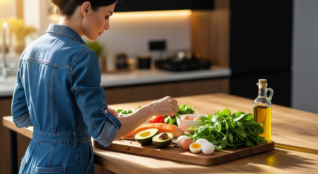 woman arranging keto foods including salmon avocado eggs and vegetables