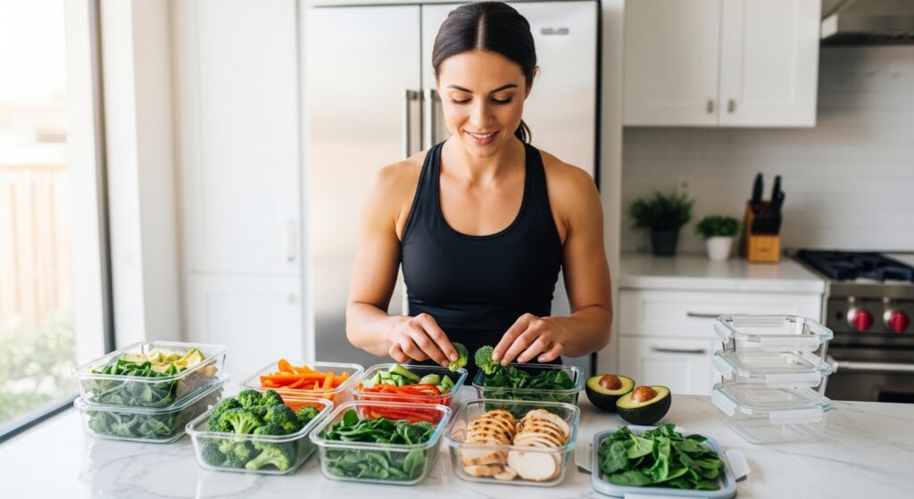 woman preparing keto meal prep containers for the week