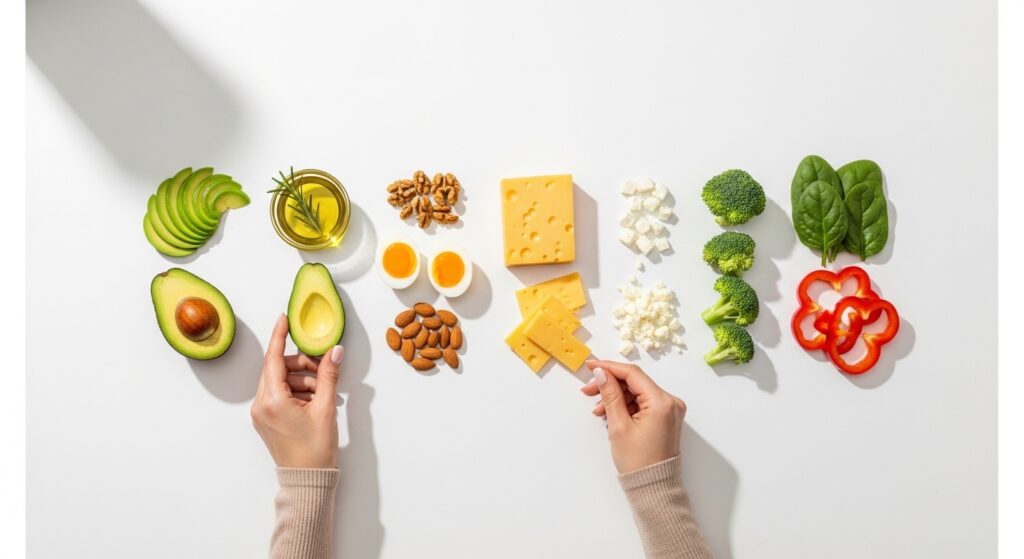 vegetarian keto macros fat protein low carbs food layout
