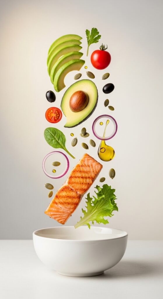 Balanced whole foods arranged above a bowl representing sustainable weight loss and metabolic health