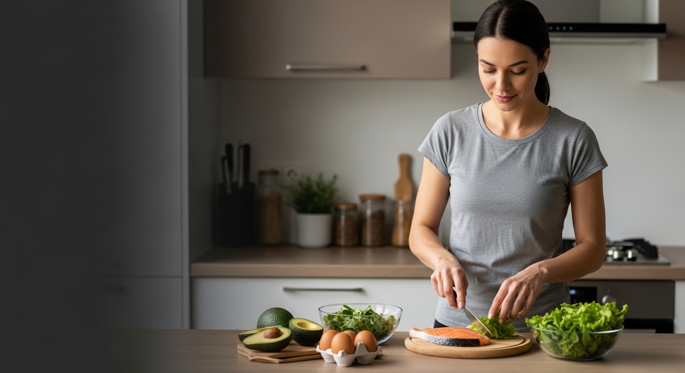 Keto diet for beginners preparing healthy low-carb meal in modern kitchen