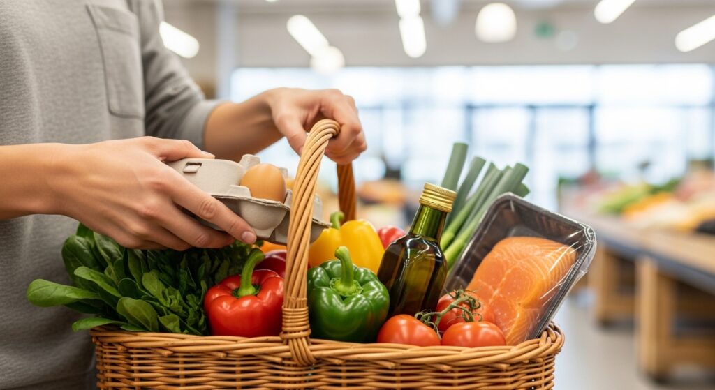 Keto grocery list essentials including vegetables eggs and healthy fats