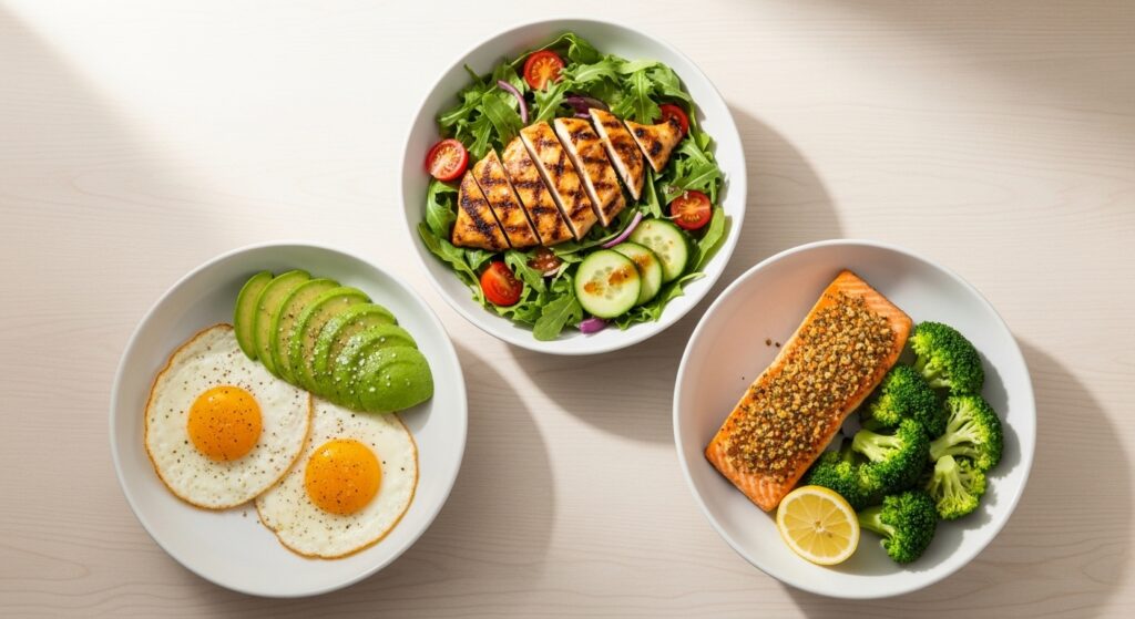 Simple 1-day keto meal plan with eggs salad and salmon