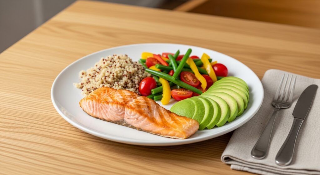 Balanced lunch with salmon, quinoa and vegetables for sustainable weight loss