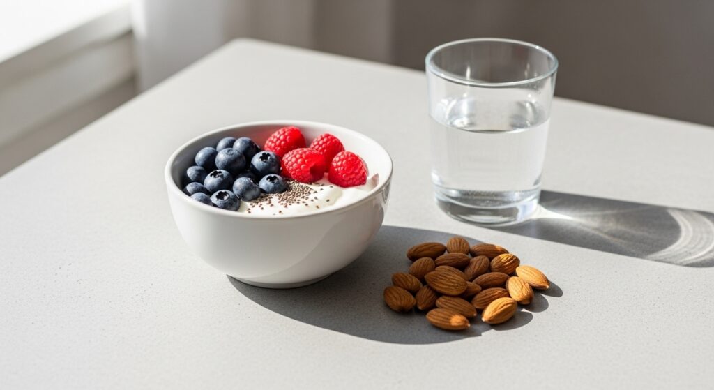 Mid-morning snack with Greek yogurt, berries and nuts for stable energy