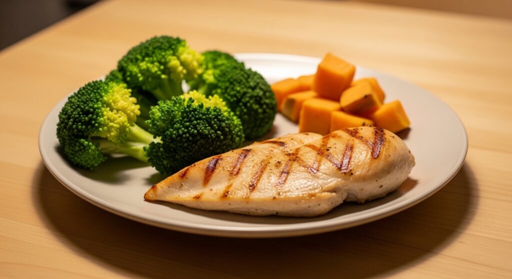 Light dinner with lean protein and vegetables supporting metabolic health