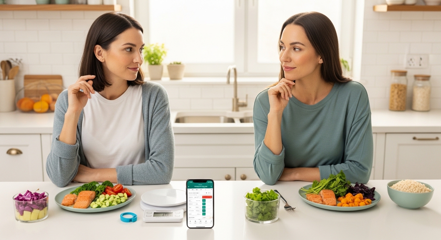 woman comparing lazy keto and strict keto meal setups on kitchen counter