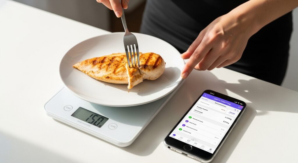 person weighing chicken on a food scale while tracking strict keto macros on a smartphone