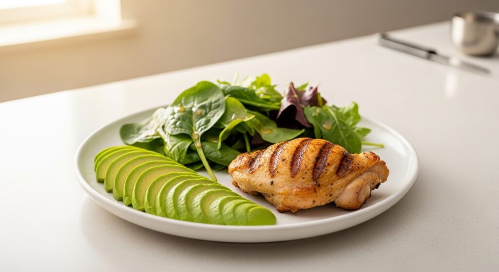 simple lazy keto meal with chicken avocado and greens on a white plate with no tracking tools