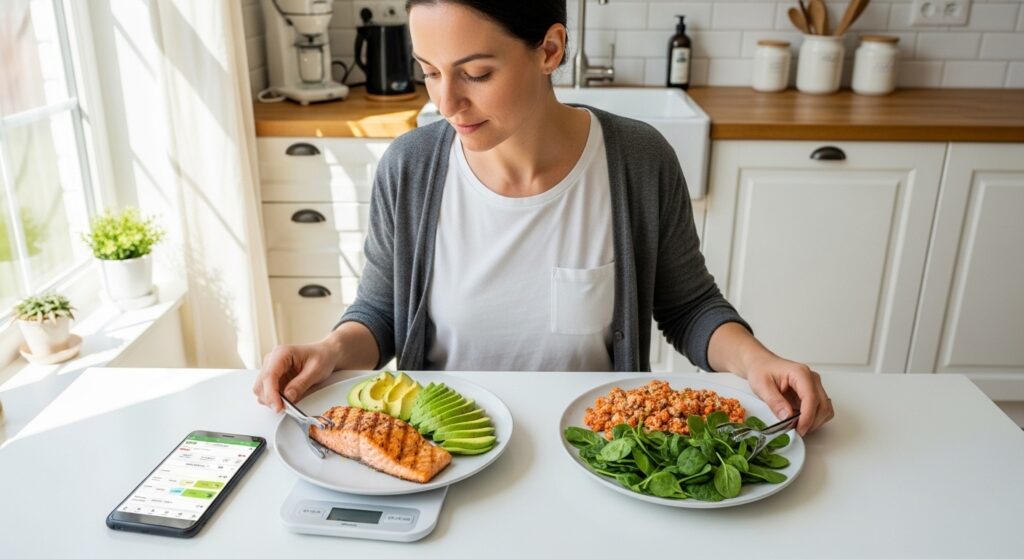 person at kitchen table comparing strict keto macro tracking versus lazy keto no tracking approach