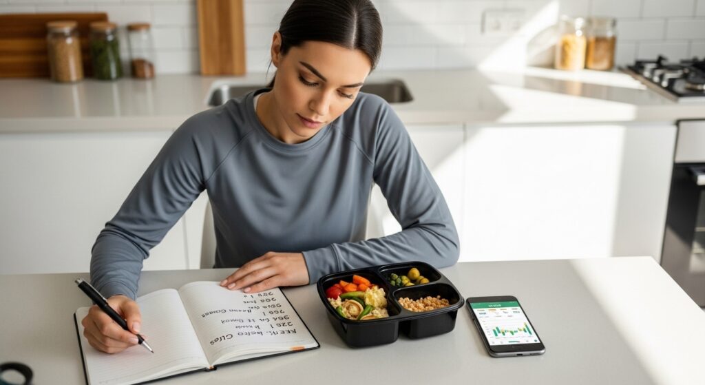 focused woman planning strict keto macros with notebook and nutrition app at kitchen counter