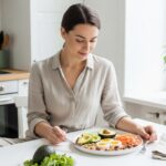 Beautiful woman eating a healthy keto meal at a bright kitchen table representing the start of a ketogenic diet lifestyle