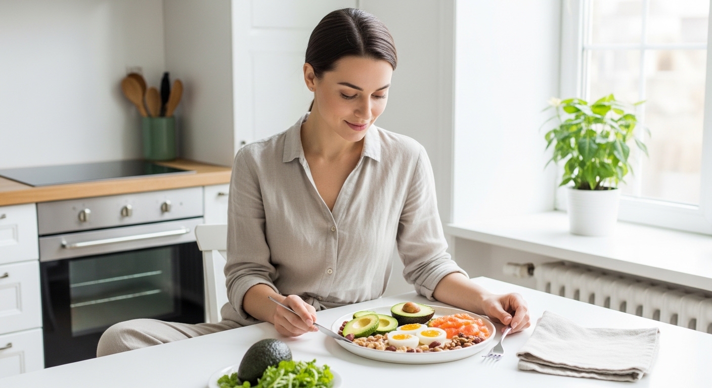Beautiful woman eating a healthy keto meal at a bright kitchen table representing the start of a ketogenic diet lifestyle