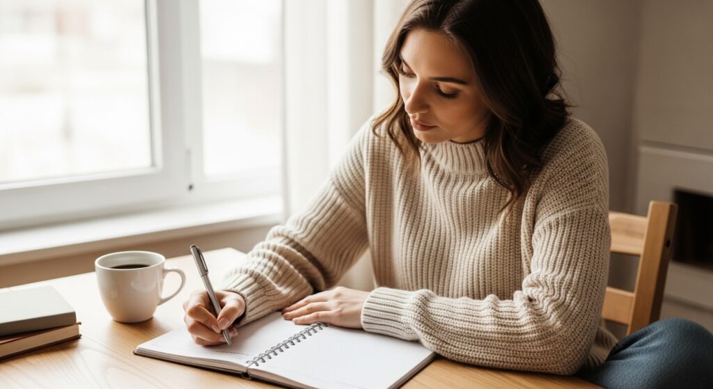 Woman in cosy sweater journaling her keto meal plan at a desk tracking how many days it takes to get into ketosis