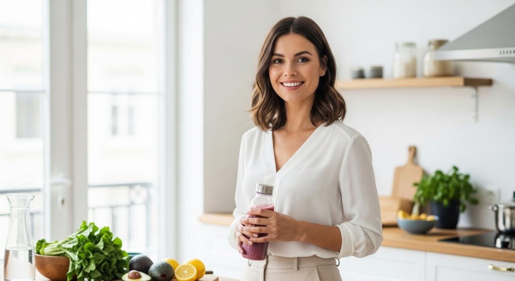 Confident smiling woman in a bright kitchen holding a healthy drink surrounded by fresh keto ingredients ready to start her keto journey