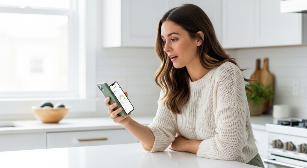 Woman looking surprised at her keto macro 
          tracking app after discovering hidden carbs 
          in food are disrupting her ketogenic diet