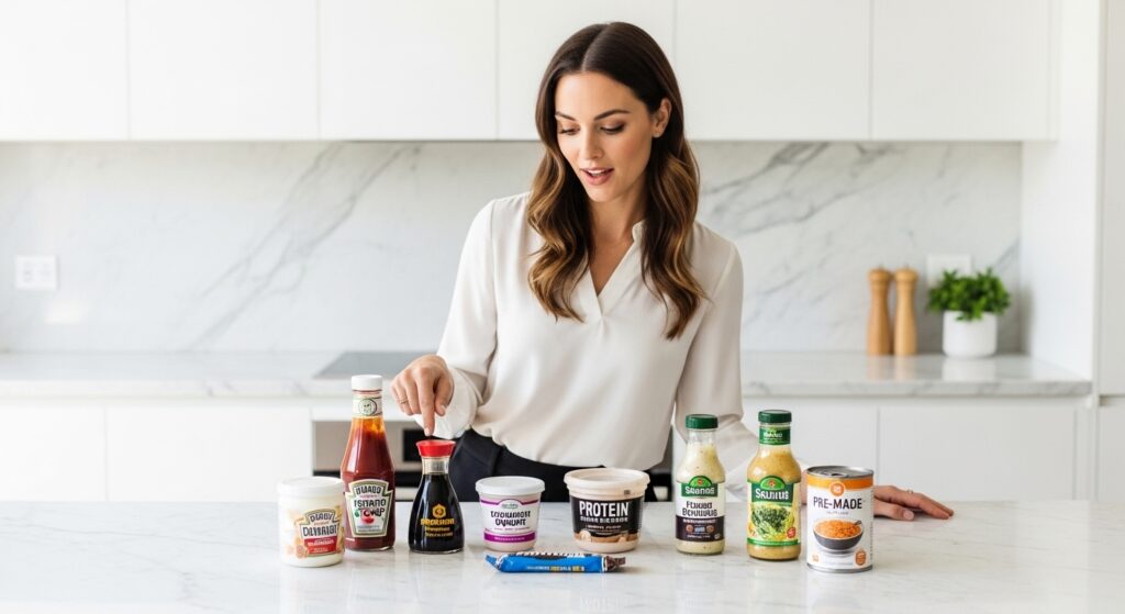 Woman pointing at condiment bottles and packaged 
          foods showing unexpected high carb foods that 
          contain hidden carbs on a keto diet