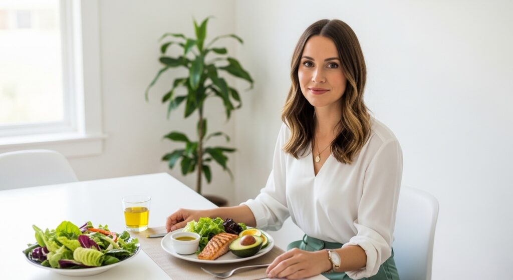 Confident woman eating a clean keto plate of 
          salmon avocado and greens at a dining table 
          showing how eliminating hidden carbs in food 
          leads to consistent keto diet progress