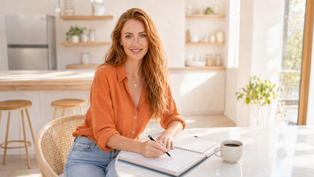 Woman calmly tracking menstrual cycle dates on a calendar at a bright kitchen table representing the monitoring approach for keto diet menstrual cycle changes in women starting ketogenic eating