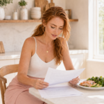 Woman reading research about keto diet heart health at a bright British kitchen table with a keto meal of salmon and avocado representing the evidence-based approach to understanding keto and cardiovascular risk