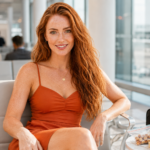 Woman sitting confidently in an airport departure lounge in a burnt orange sundress with keto travel snacks including mixed nuts cheese and black coffee looking directly at camera representing how to maintain a keto diet while traveling